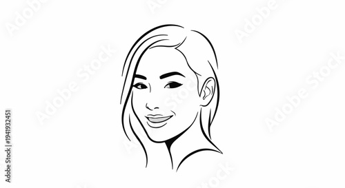 A minimalist line drawing of a young woman smiling with open eyes