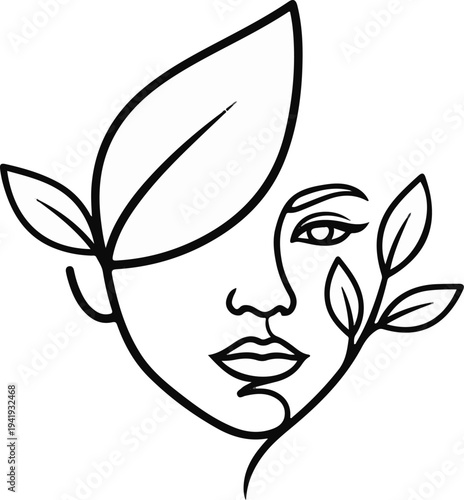 A minimalist outline of a woman's face entwined with leaves