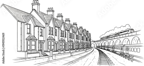 A row of terraced houses with a train passing on an elevated track