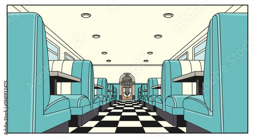 Retro american diner with vintage booths and checkerboard floor