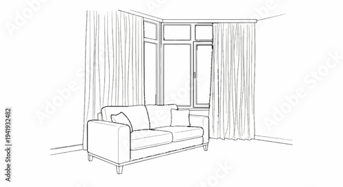 A minimalist sketch of a cozy living room scene with a sofa and window