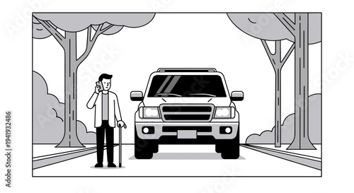 Monochrome illustration of a man talking on phone near suv in tree-lined street