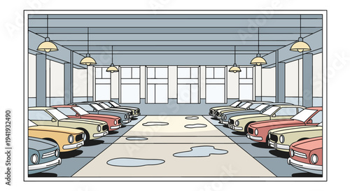 Retro car showroom in vintage style