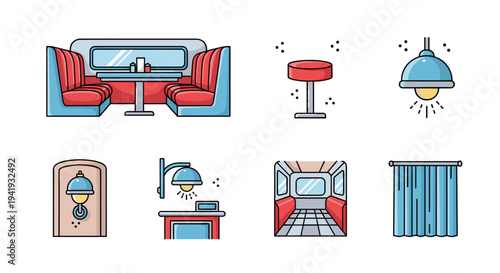 Retro diner interior elements with booth, stool, and curtains in modern linear style