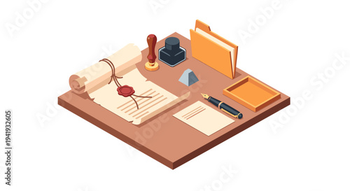 Isometric desk with vintage documents and writing accessories
