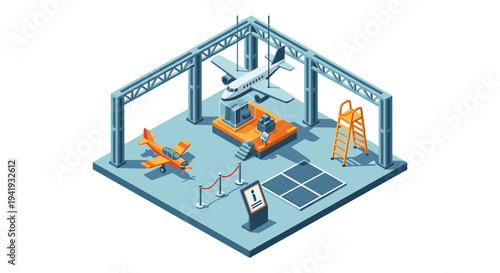 Isometric aircraft exhibit in modern hangar display with interactive features
