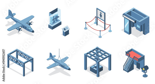 Isometric aviation and airport elements in pastel color scheme for design and illustration