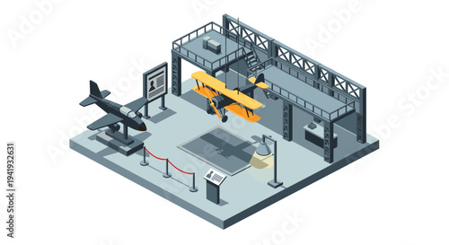 Isometric airplane hangar with vintage and modern aircraft