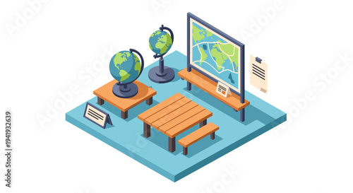 Isometric classroom setup with wooden furniture and globes on display