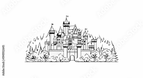 A monochrome line drawing of a fairy tale castle surrounded by trees