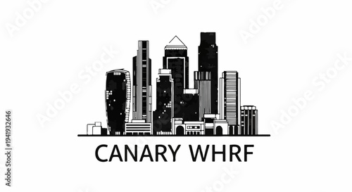 A monochrome silhouette of a city skyline with the text 'CANARY WHRF'