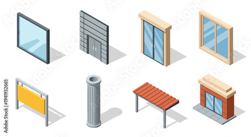 Isometric architectural elements set: windows, doors, columns, and structures