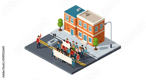 Urban community protest march in isometric 3d cityscape setting