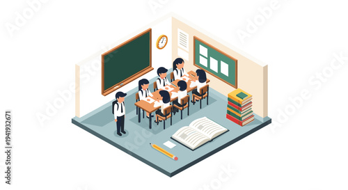 Isometric classroom scene with students studying and teacher present