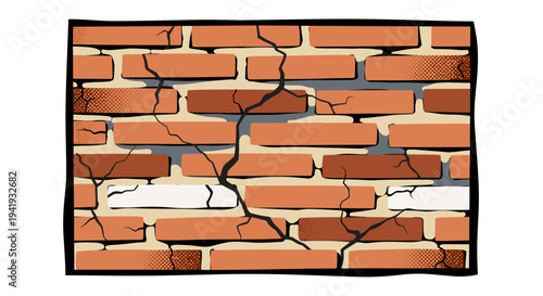 Cracked brick wall in cartoon style with bold line detail