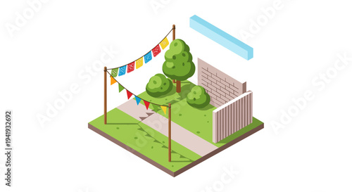Isometric garden scene with festive banners and trees