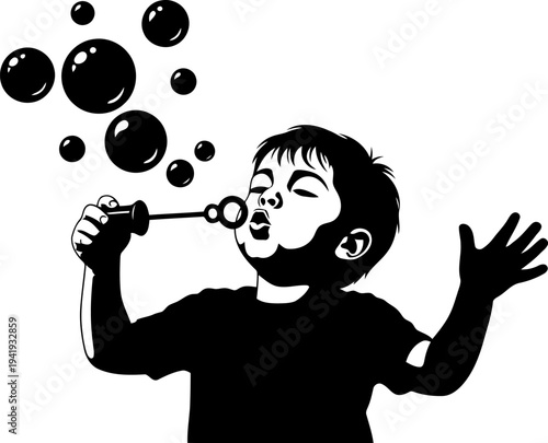 Child playing with bubbles silhouette isolated.