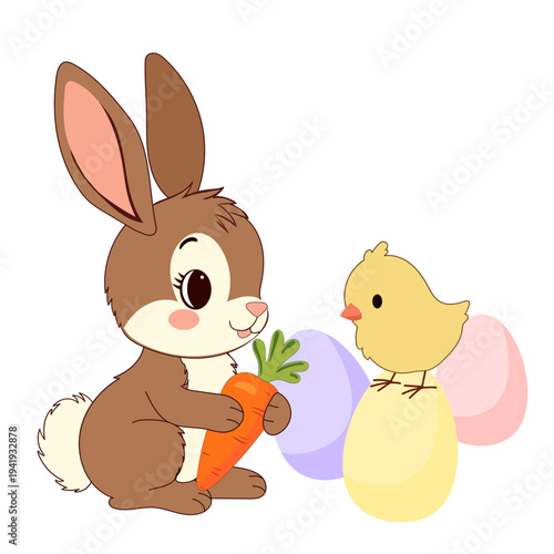Cute Easter Bunny and Chick Character Isolated on Transparent. Cartoon Rabbit Mascot. Spring Easter Holiday Traditional Talisman Icon. Funny Tiny Happy Whimsical Bunny Animal Easter Card Invitation