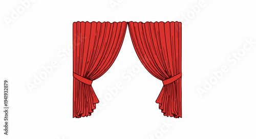 A pair of drawn red stage curtains, tied back with sashes