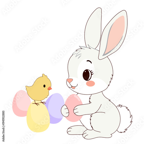 Cute Easter Bunny and Chick Character Isolated on Transparent. Cartoon Rabbit Mascot. Spring Easter Holiday Traditional Talisman Icon. Funny Tiny Happy Whimsical Bunny Animal Easter Card Invitation