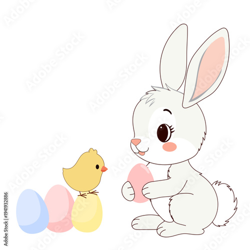 Cute Easter Bunny and Chick Character Isolated on Transparent. Cartoon Rabbit Mascot. Spring Easter Holiday Traditional Talisman Icon. Funny Tiny Happy Whimsical Bunny Animal Easter Card Invitation