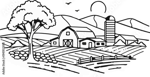 A pastoral landscape depicts a farm with a barn, silo, and fields under a sun