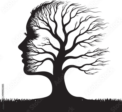 Optical illusion bare tree face woman silhouette concept