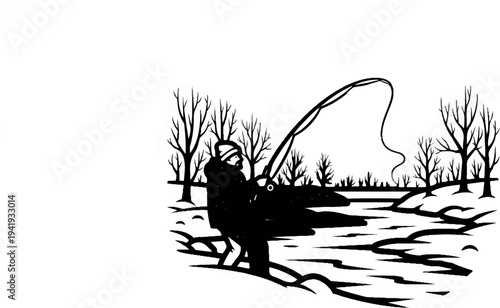 A person fishes on a frozen lake surrounded by bare trees and snow
