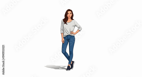 A pixel art woman in casual clothing, posing with one hand on her hip