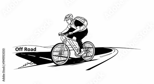 A person in a helmet and backpack rides a bicycle on a winding road