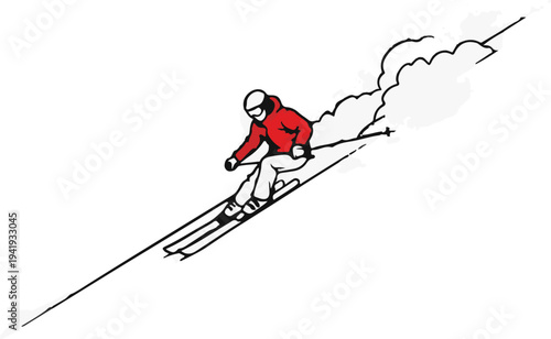 A person in a red jacket and white pants skis down a snowy slope