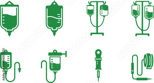 Medical infusion equipment icons including bags drips needles and tubing isolated on transparent background