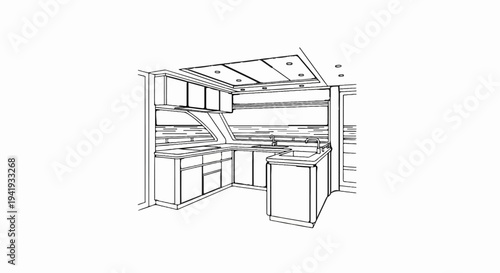 A minimalist line drawing depicts a modern, U-shaped kitchen with cabinets, counters, and sink
