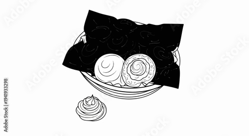 A minimalist line drawing depicts sweet pastries on a platter and a dollop of frosting