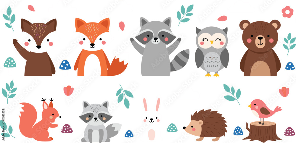 Fototapeta premium Adorable Woodland Animal Sticker Set Featuring Fox, Bear, Raccoon, Owl, Squirrel, Rabbit, Hedgehog, and Bird for Kids' Design