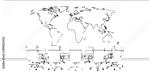 A line drawing of a world map is above a row of chairs at a table