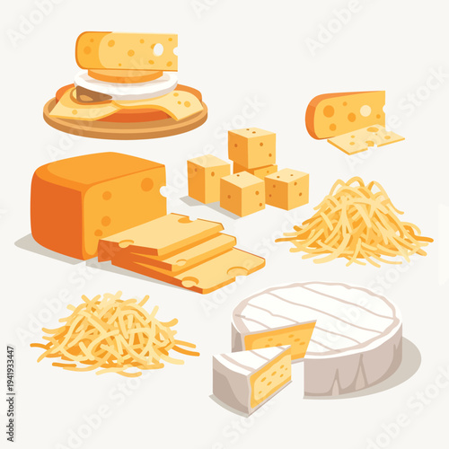 Assorted varieties of cheese and pasta displayed together in an artistic arrangement illustration