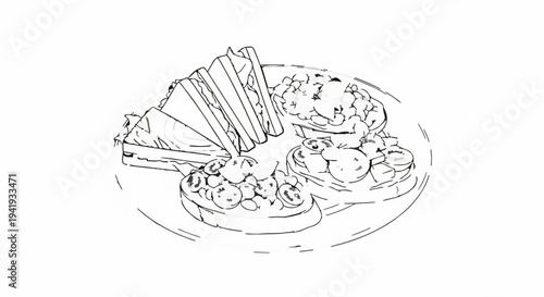 A plate with a sandwich and two small salads is depicted in a simple line art style
