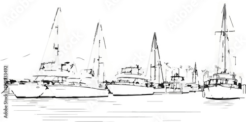 A line drawing sketch of a harbor with several boats and sailboats docked