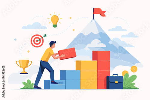 Man Building a Way to Success with Colorful Blocks, Establishing Goals and Achieving Career Growth, Flat Vector Illustration of Business Strategy, Motivation, and Reaching the Mountain Peak
