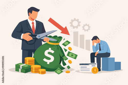 Boss in a suit cutting a money bag with scissors to reduce company costs and staff salary, causing financial stress for a sad employee during an economic recession, budget cuts, and downsizing.