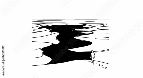 A lone figure walks towards a dark, winding path through stark, monochrome dunes