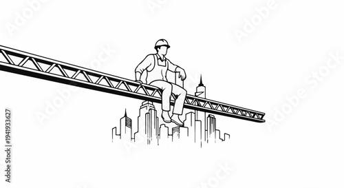 A lone construction worker in hard hat and overalls pauses for rest on a high steel beam