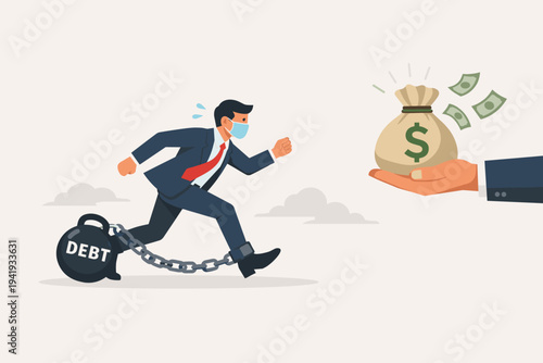 Businessman wearing a face mask chained to a heavy debt ball and chain running towards a hand holding a bag of money for financial relief and economic recovery during the global pandemic crisis.