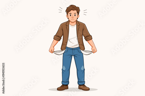 Flat vector illustration of a broke young man showing his empty pockets with a sad expression, representing financial crisis, poverty, unemployment, and lack of money on a white background.