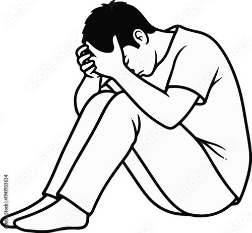 A lone figure hunched over, face hidden, conveying deep distress and isolation