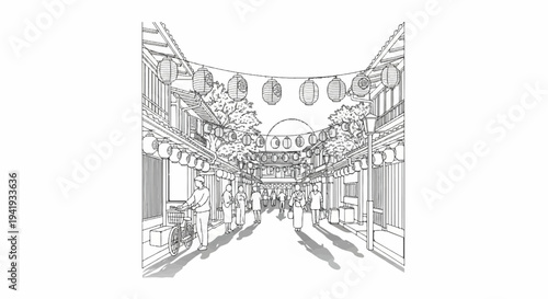 A lively street scene with people and hanging lanterns, urban sketch