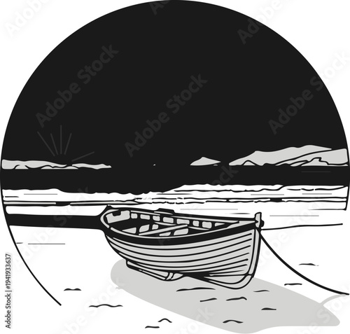 A lone rowboat rests on a sandy shore under a dark, circular sky
