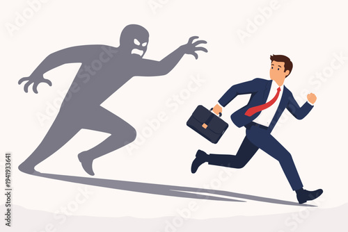 Businessman Running Away from His Own Monster Shadow, Concept of Fear, Anxiety, Stress, and Inner Demons in Business Career, Flat Vector Illustration of a Man in Suit Escaping His Dark Side