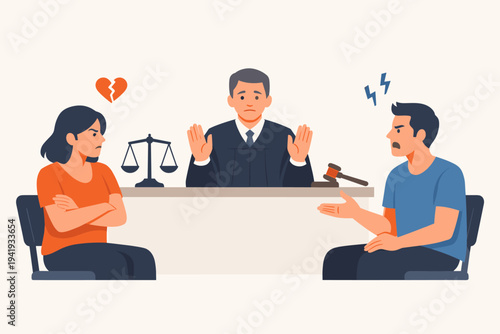 Vector illustration of a couple having relationship difficulties and undergoing divorce proceedings in a courtroom moderated by a concerned judge with scales of justice and a gavel on the desk.